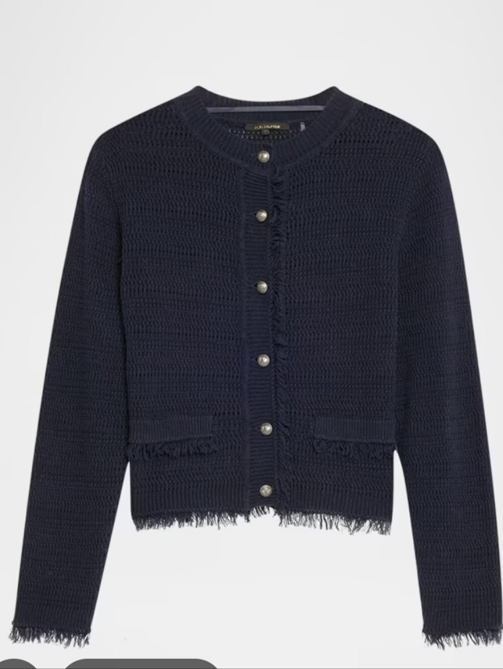 New!Kobi Halperin Taza Linen Cotton Blend Textured Navy Fringe-Trim Cardigan Y2K